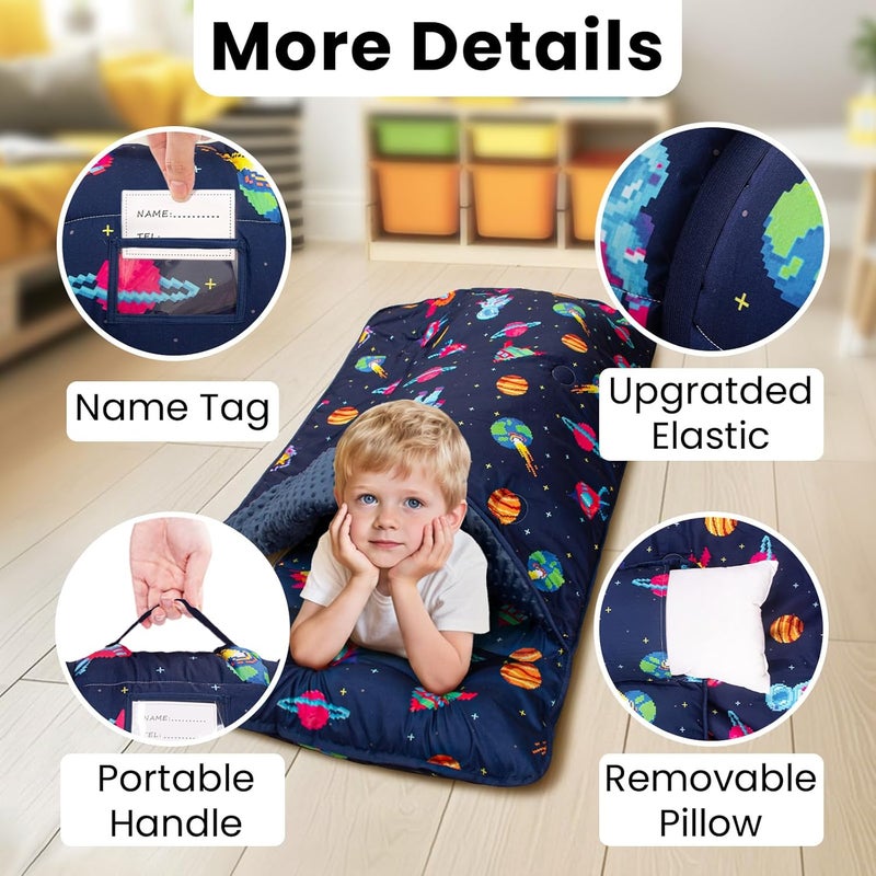 Beavtaens Toddler Nap Mat with Pillow and Minky Blanket, Large 55"x35" Sleeping Bag, Washable, Lightweight, Easy to Roll, Perfect for Preschool, Daycare, Kindergarten, Travel, Boys and Girls(Space) - Image 5